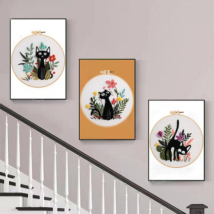 Konrisa 3pcs Embroidery Kits for Beginners Creative Black Cat and Flower Pattern Cross Stitch Practice Kit DIY Sewing Needlepoint, Include 1pcs Hoop - color: black cats
