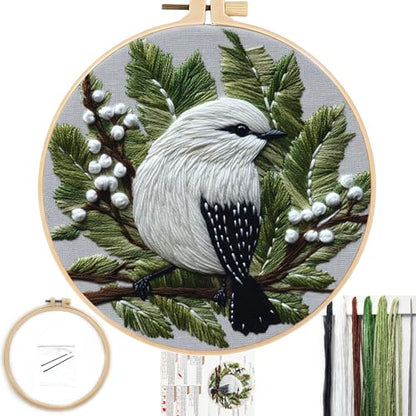 FONNUY Wild Birds Embroidery Kit, Pre-Stamped Green Tree Bird Patterns Kits for Adults and Beginners, Handmade DIY Crafts Set, Color Thread Needlework, 8'' Hoop (Snow Feather on Pine) - color: Snow Feather on Pine