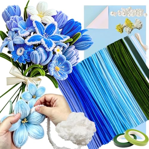 5-Color Blue Pipe Cleaner Flower Kit,300 Pcs Pipe Cleaners Craft - color: Blue