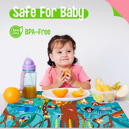 6 Pack Placemats for Kids, Non-Slip Washable Dining Mats, Reusable Jungle, Underwater World, Farm, Dinosaur, Vehicle & Magic World Table Mats for Home, Kindergarten, Classroom, Nursery - style: Animal World