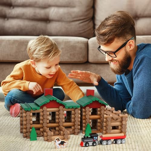 Wondertoys 208 Pcs Wooden Log Set - Classic Building Logs Ages 3+ - Best Retro Building Gift Set for Boys - Creative Construction Engineering Educational Gifts - style: 208PCS Classic