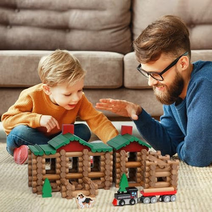 Wondertoys 208 Pcs Wooden Log Set - Classic Building Logs Ages 3+ - Best Retro Building Gift Set for Boys - Creative Construction Engineering Educational Gifts - style: 208PCS Classic