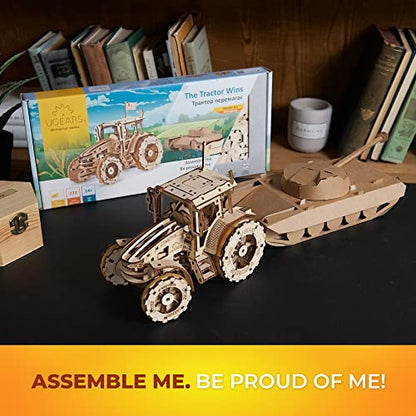 UGEARS The Tractor Wins Model Kits - Spring - Driven Model Tractor Kits to Build with Folding Paper Tank - 3D Wooden Tractor Model Kit for Self - Assembly - Mechanical 3D Puzzles for Adults and Kids