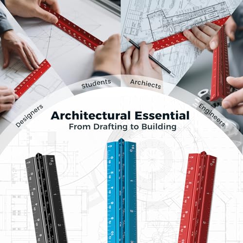 Rena Chris Architectural Scale - 12" Aluminum Triangular Scale Ruler (Red) - color: Red