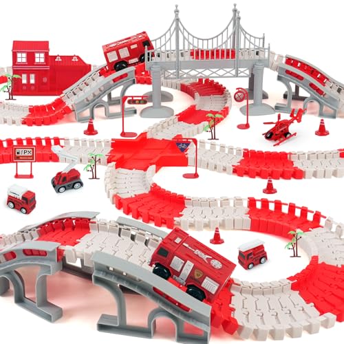 GIAT Race Car Track Toy for Kids - Birthday Gift for Boys Ages 3 4 5 6 7 Year Old, Flexible DIY Playset with Helicopter and Fire Truck, 330+ PCS Interactive Set - color: Red Fire Station Race Tracks Set