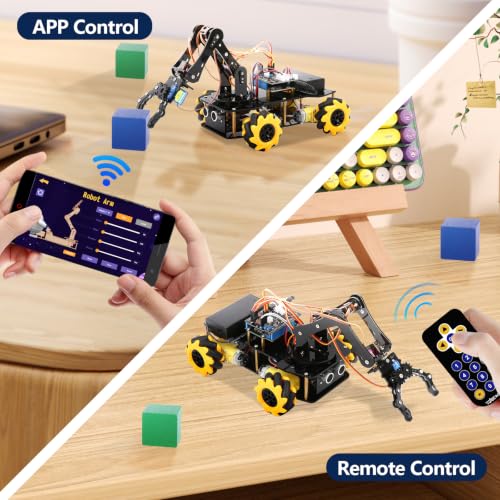 ACEBOTT 5DOF Robot Arm Car Kit, ESP32 Programmable Coding Robot with 4WD App & Remote Control, Arduino Python Blockly Compatible STEM Robotics Building Kit for Kids 12+ Teens and Adults