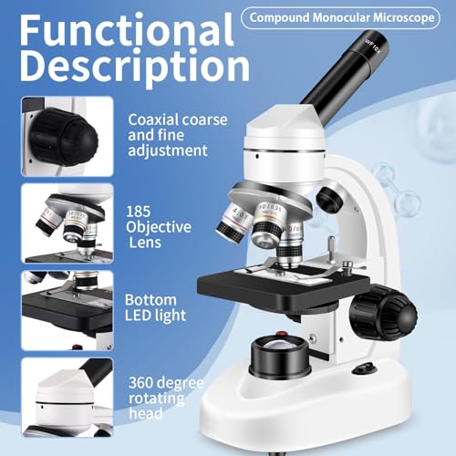 Compound MicroscopeWF10x and WF25x Eyepieces, Slides for Students, Home School Lab Microscope for Adults Suitable for Laboratory School (Bright White)
