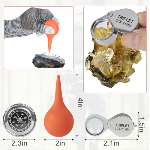 40PCS Geology Rock Pick Hammer Kit, Gold Mining & Prospecting Equipment Tool, Hammer, 3 PCS Digging Chisels Set, Shovel, Wooden Chisel, Magnifying Glass, Whistle, Goggles, flocked bags, compass
