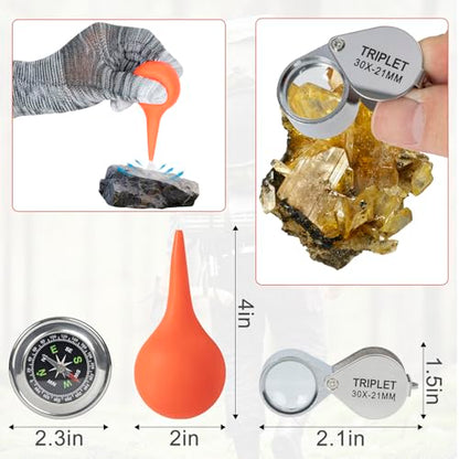 40PCS Geology Rock Pick Hammer Kit, Gold Mining & Prospecting Equipment Tool, Hammer, 3 PCS Digging Chisels Set, Shovel, Wooden Chisel, Magnifying Glass, Whistle, Goggles, flocked bags, compass