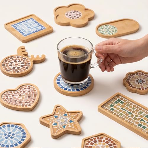 mekueeex 12pcs Mosaic Tiles for Crafts Wooden Coaster Bases Set, Mosaic Kits for Adults DIY Home Decor, Mosaic Kit with Bamboo Shapes for Glass Tile Art Projects, Round Square Hexagon Heart Star Deer