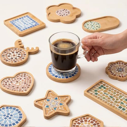 mekueeex 12pcs Mosaic Tiles for Crafts Wooden Coaster Bases Set, Mosaic Kits for Adults DIY Home Decor, Mosaic Kit with Bamboo Shapes for Glass Tile Art Projects, Round Square Hexagon Heart Star Deer