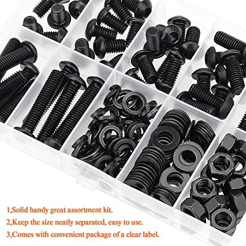 HELIFOUNER 147 Pieces M6 x 8mm /10mm /12mm /16mm /20mm /25mm /30mm, Button Head Socket Cap Screws Bolts Washers Nuts Kit, 10.9 Grade Alloy Steel, Full Threaded, Black - size: M6, style: Button Head