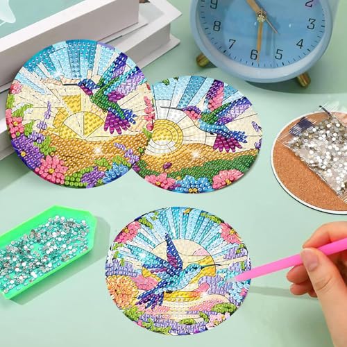8 Pcs Diamond Art Coasters Kit for Adult with Holder, Diamond Coaster 4x4in - color: Hummingbird Coasters, size: 8 Pcs 4x4in