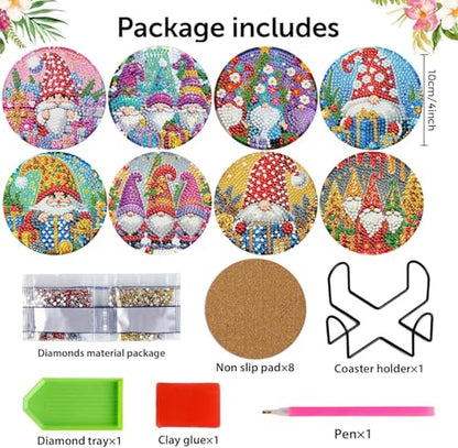 8 Pcs Diamond Art Coaster Kit for Adult with Holder, Diamond Coasters 4x4in - color: Gnomes Coasters, size: 8 Pcs 4x4in