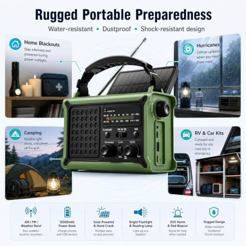 Emergency Weather Radio, 12000mAh Solar Hand Crank NOAA Radio, Army Green - color: ARMY GREEN