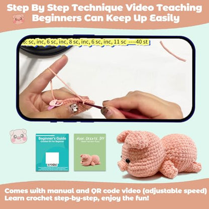 JueRum Pig Crochet Kit for Beginners Adult All-in-One Amigurumi Crochet Kit - color: Pink Pig