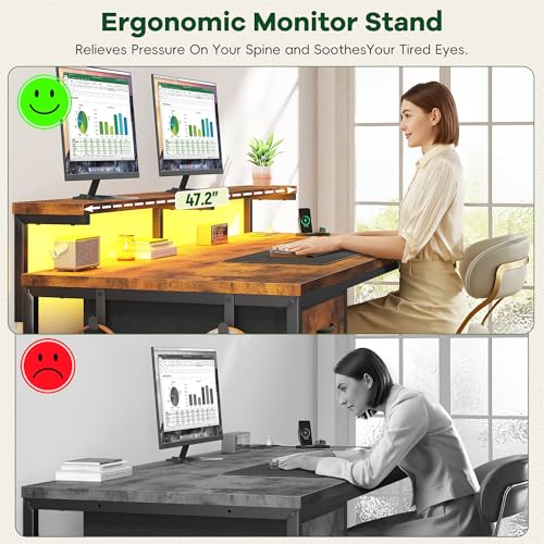 DurayLoly 47.2" Office Desk with Power Outlet & Monitor Stand,Rustic Brown - color: Rustic Brown, size: 47.2 IN