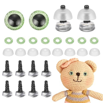 MECCANIXITY 12 Pcs Glitter Safety Eyes, 9mm Plastic 3D Crochet Doll Eyes with Washers and Drawstring Bag for Puppet Bear DIY Crafts Stuffed Animals Making Supplies, Light Green - color: Light Green