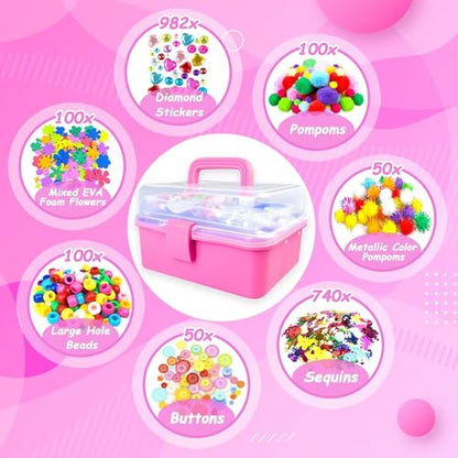 3000 Arts and Crafts Supplies for Kids Craft Kit All in 3 Layered Craft Box with Pipe Cleaners Crafts for Kids Age 4-6, 6-8, 8-12 DIY School Supplies Materials Set Toys Gifts for Girls Boys, Red - color: red
