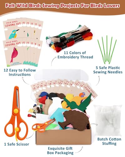 CiyvoLyeen Wild Birds Sewing Craft Kit Animal Sewing Kit for Boys and Girls Beginners Set of 12 Sewing Projects Gift for Kids - color: Birdie-12 Pcs
