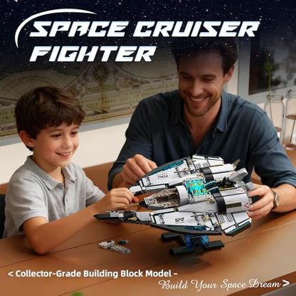 Sosuy Spaceship Building Blocks Set, LED Rocket Shuttle Ship, STEM Toys for Boys 8+, Rotatable Cockpit Space Exploration with Display Stand, Birthday for Boys Kids Girls Teens Adults - style: Starcruiser Fighter