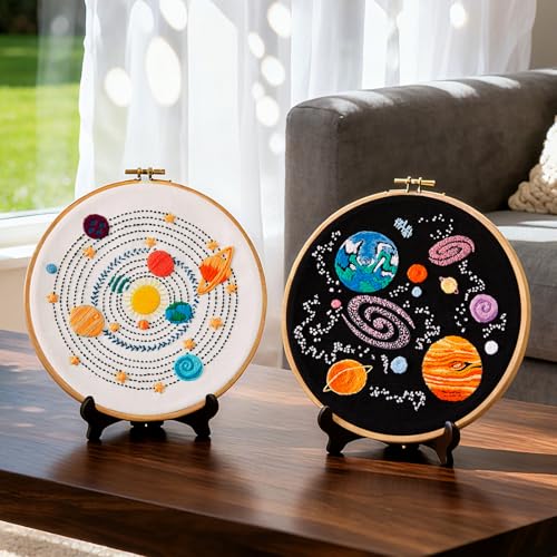Armindou Embroidery Kit for Adults Beginners, Hand Embroidery Starter Kit with Solar System Patterns, Counted Stamped Cross Stitch Needlepoint Kit for Beginner Adult, 2 Set Embroidery Supplies/Hoop - color: Solar System, size: 8inch
