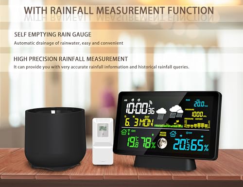 Wireless Rain Gauge and Weather Station, Digital Rain Gauge Outdoor Home Weather Stations with Thermometer, Hygrometer, Atomic Clock, Forecast and Barometer, Weather Station with Rain Gauges