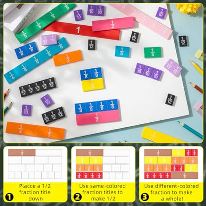 6 Sets Fraction Tiles, Math Manipulatives for Classroom, Vivid Color - color: Vivid Color