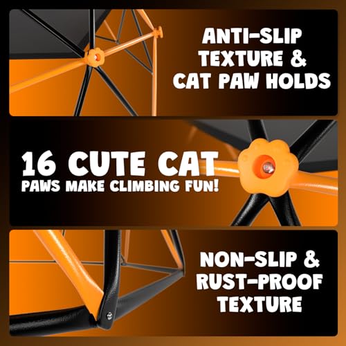 jumpfly 10FT Climbing Dome with Hammock & Ball Toss Game, 880LBS Geometric Dome Climber with Cat Paw Safety Holds, Anti-Rust Outdoor Jungle Gym Play Equipment for Kids 3-12 Years - color: Black/Orange