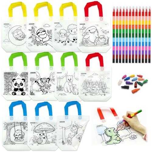 HahaMagic 12 Coloring Goodie Bags with 12 Crayons(12-in-1) - style: 12 Goodie Bags+12 crayons (12 colors)