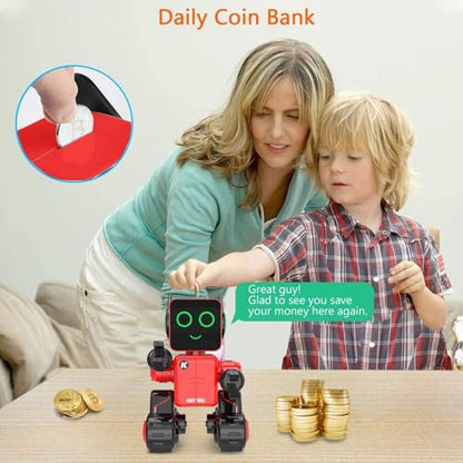 Robots for Kids, Remote Control Robot Toy Intelligent Interactive LED Light Speaks Dance Moves Built-in Coin Bank Programmable Rechargeable RC Robotic Kit (Red) - color: Red