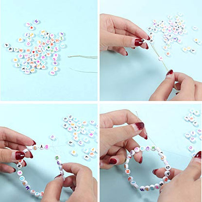 1400 Pieces 4x7mm White Round Acrylic Alphabet Letter Beads A-Z Heart Pattern Beads and Crystal Line for Jewelry Making Bracelets Necklaces Key Chains - color: D