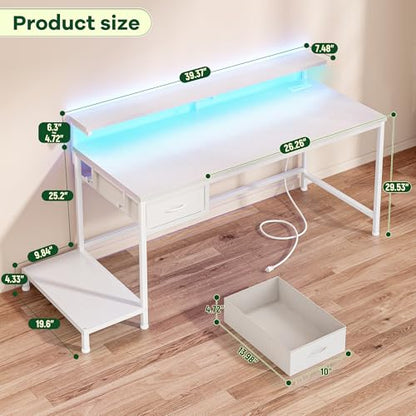 DurayLoly 39.3" Computer Desk with Power Outlet & Fabric Drawer,White - color: White, size: 39.3 IN