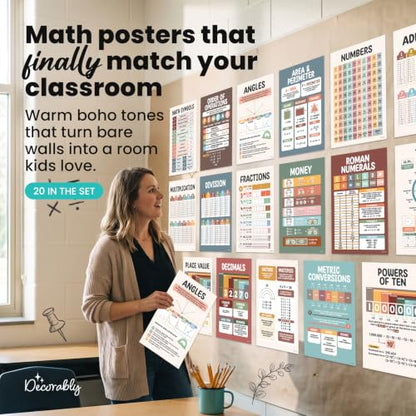 Decorably 20 Boho Math Posters for Classroom, 11x17in - style: Boho