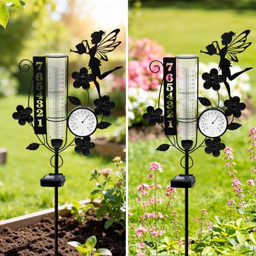 Metal Fairy Number Solar Rain Gauge Outdoor with LED Light and Thermometer - color: Fairy