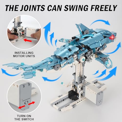 Mechanical Blue Dolphin Building Blocks Linkage Kit, Sea Animal Model with Lighting, Display Stand, STEM Power Motor Toy, DIY Desktop Ornament for Kids & Adults Ages 12+, Birthday Gift Idea - color: Blue Dolphin