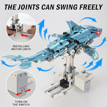 Mechanical Blue Dolphin Building Blocks Linkage Kit, Sea Animal Model with Lighting, Display Stand, STEM Power Motor Toy, DIY Desktop Ornament for Kids & Adults Ages 12+, Birthday Gift Idea - color: Blue Dolphin