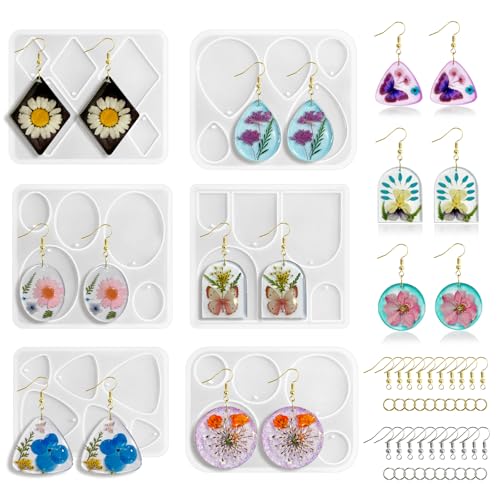 Roxjaejae 46 PCS Resin Earring Molds Silicone Kit, Resin Jewelry Making Kit with Built-in Holes for Earrings, Necklace, Pendants, Keychains