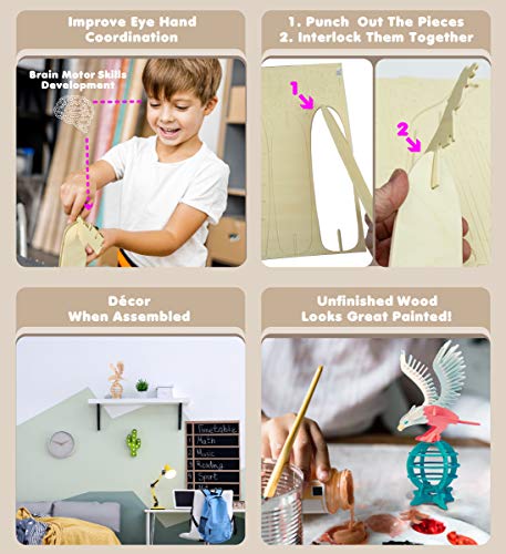Puzzled 3D Puzzle Eagle Wood Craft Construction Model Kit, Fun, Unique & Educational DIY Wooden Toy Assemble Model Unfinished Crafting Hobby Puzzle to Build & Paint for Decoration 61 Pieces Pack