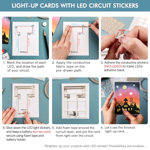 60PCS White LED Circuit Stickers and Conductive Fabric Tape,Light Craft Kit Mini Starter Kit for Crafts Projects Add lights to a Christmas tree,light up a house,create a spooky scene with a ghost - color: 60 LED Lights