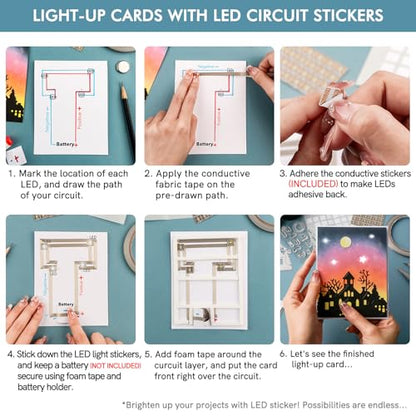 60PCS White LED Circuit Stickers and Conductive Fabric Tape,Light Craft Kit Mini Starter Kit for Crafts Projects Add lights to a Christmas tree,light up a house,create a spooky scene with a ghost - color: 60 LED Lights