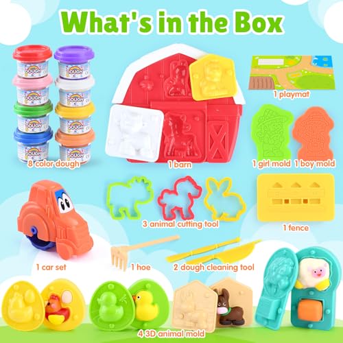 Farm Animals Color Dough Toys for Kids Ages 2-4-8, Big Red Barn Farm Playset with Animal Figures Clay Dough Modeling Tools, Art Crafts Toddler Learning Toy, Ideal Christmas Birthday Gifts - color: Multicolor