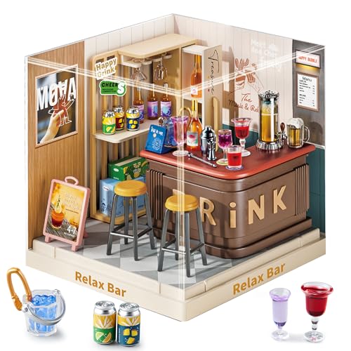 Relax Bar Miniature House Kit, Plastic DIY Dollhouse with Bar Counter & High Chairs, Stackable Transparent Dust Cover, Creative Desktop Decor for Adults Teens - color: Relax Bar, size: Small