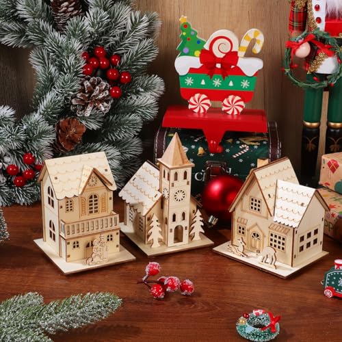 jojofuny 3pcs LED Light up Wooden Christmas House Village Decorations Unfinished Wood Xmas House DIY Wood Chalet Tree Ornaments Christmas Table Centerpieces
