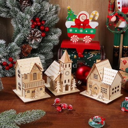 jojofuny 3pcs LED Light up Wooden Christmas House Village Decorations Unfinished Wood Xmas House DIY Wood Chalet Tree Ornaments Christmas Table Centerpieces