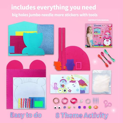 Kruft in Joy My First Sewing Kit Fun Felt Craft for Kids-8 Easy DIY Project twiggle Stuffed Animal Doll Plush Pillow Bag Charms Unicorn Mermaid Bear Fox Owl,Learn to Sew Embroidery Gift for Girl 5 12