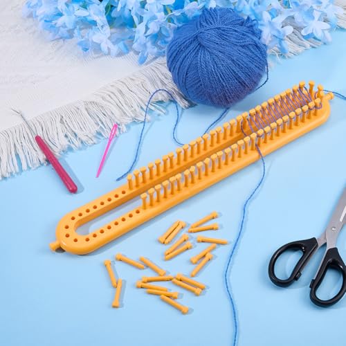 Hobbspring Knitting Loom Set Rectangular Knitting Board Loom 13.9x2in Plastic Darning Needle Crochet Yellow Scarf Looms Long Hats Shawl Making Tool DIY Yarn Weaving Kits for Women Adults Beginners