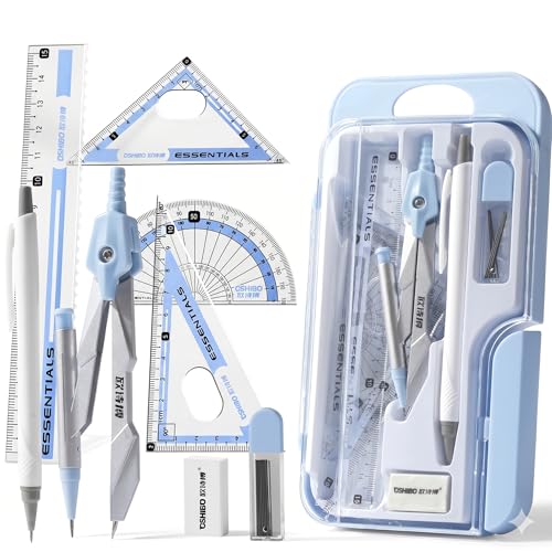 8 Pc Geometry Set with Storage Box - Metal Compass, Ruler and Protractor Kit with Pencil Eraser for Students - color: Blue