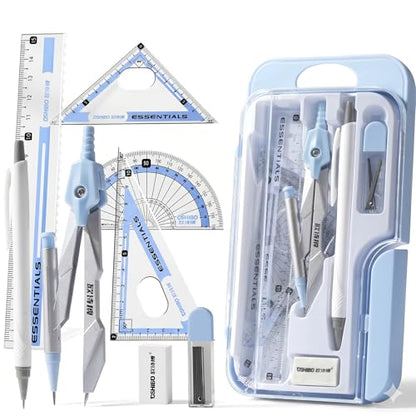 8 Pc Geometry Set with Storage Box - Metal Compass, Ruler and Protractor Kit with Pencil Eraser for Students - color: Blue