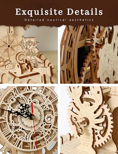3D Wooden Puzzle for Adults, DIY Mechanical Gear Clock Wooden Clock Model Kit, Nautical Wooden Clock Decor Gift